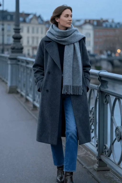 Duffle Coat with a Wide Wool Scarf and Straight Jeans Winter Outfit Duffle Coat with a Wide Wool Scarf and Straight Jeans