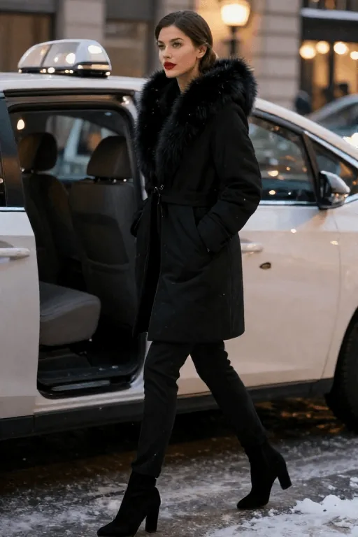 Faux Fur Trim Hooded Coat with Black Trousers and Block Heel Boots Winter Evening Outfit Faux Fur Trim Hooded Coat with Black Trousers and Block Heel Boots