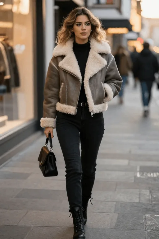 Faux Shearling Aviator Jacket with Black Jeans and Lace Up Boots Winter Outfit Faux Shearling Aviator Jacket with Black Jeans and Lace Up Boots