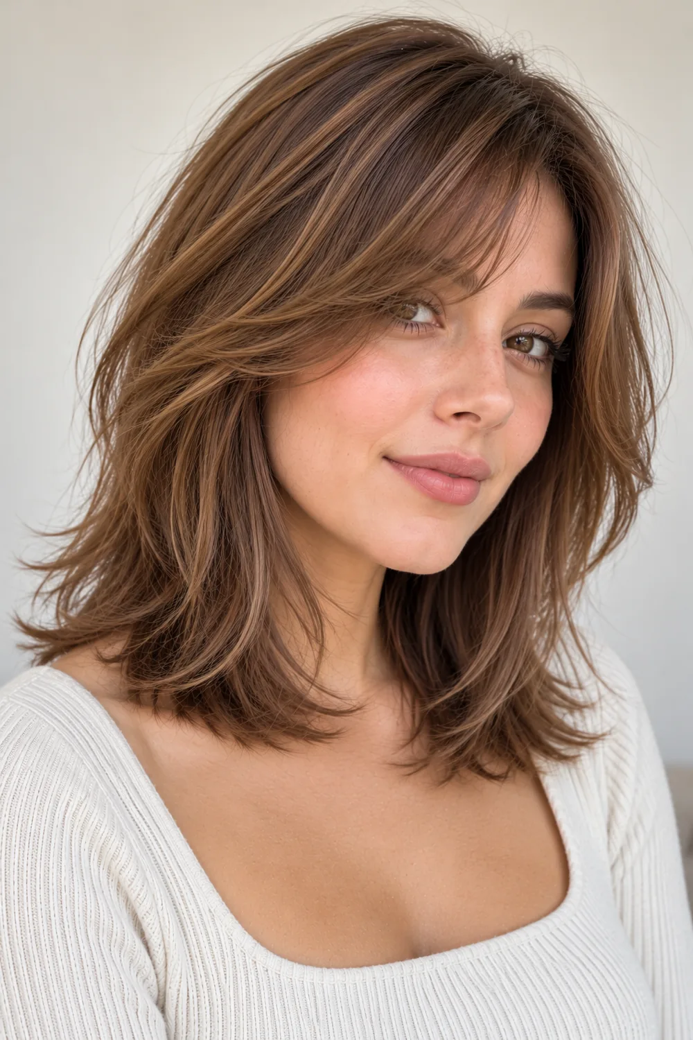 Feathered layers and side bangs on thin hair with a big forehead