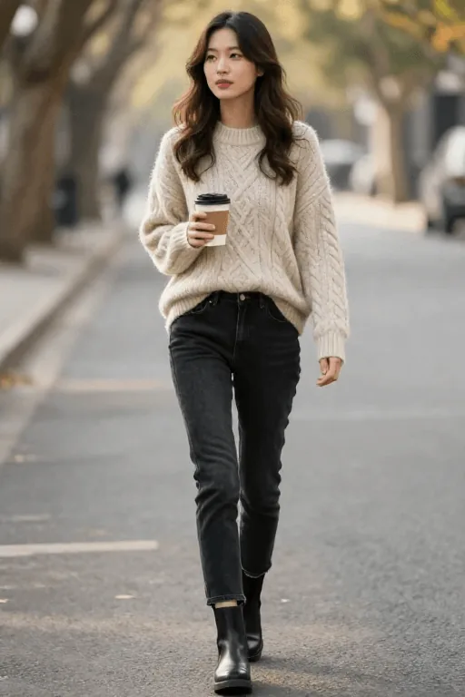 Fisherman Sweater with Dark Jeans and Chelsea Boots Winter Outfit Fisherman Sweater with Dark Jeans and Chelsea Boots