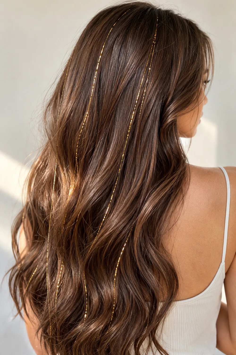 Thin gold hair tinsel strands woven through long brown hair