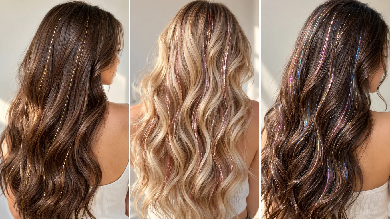 Three hair tinsel ideas: gold tinsel on brown hair, rose gold tinsel on blonde hair, and holographic rainbow tinsel