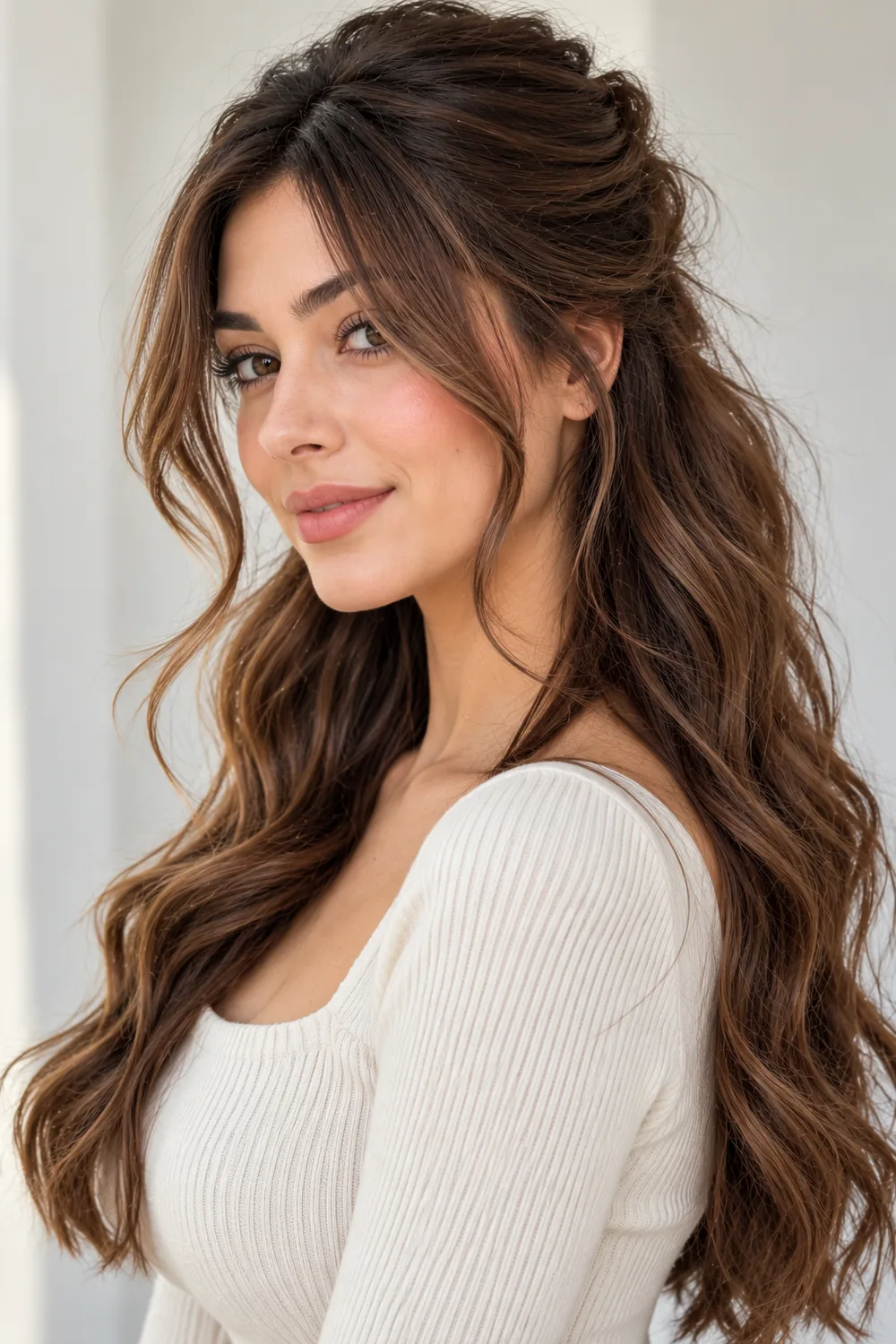 Half-up half-down hairstyle with loose face-framing pieces