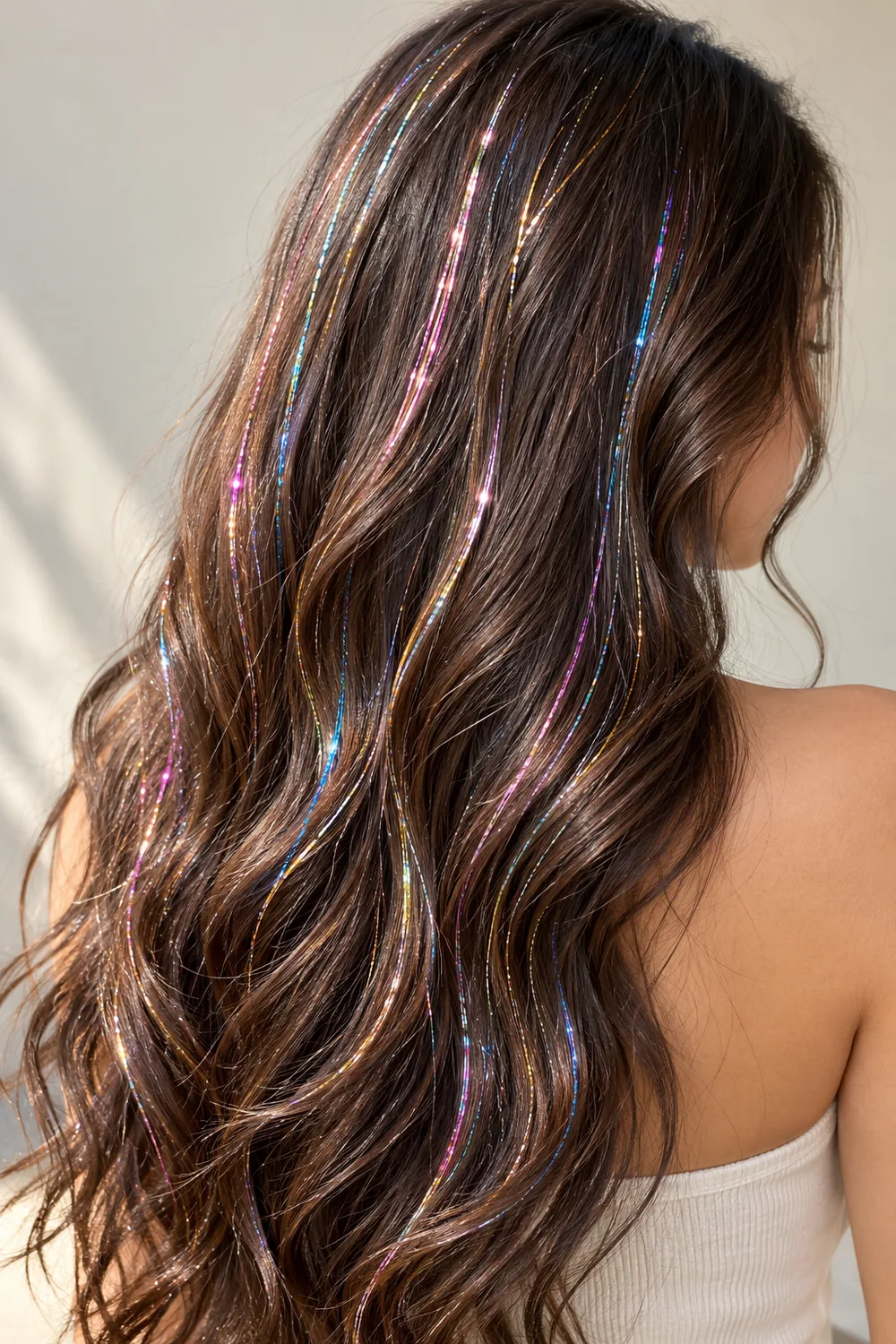 Holographic rainbow hair tinsel that shifts color in the light
