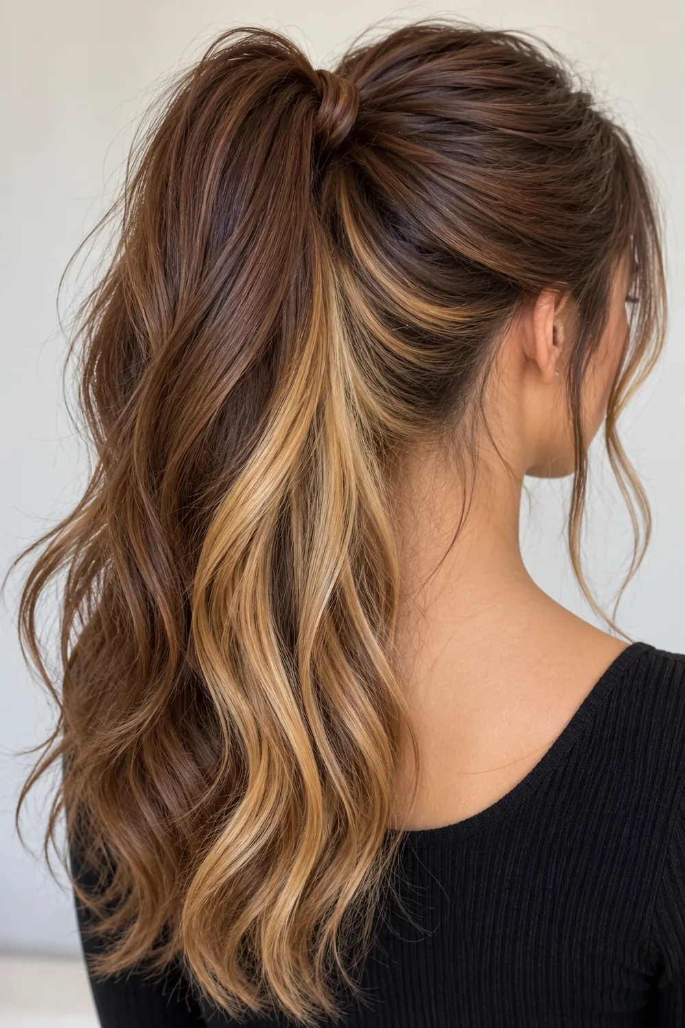 Honey blonde peekaboo highlights on brown hair in a ponytail