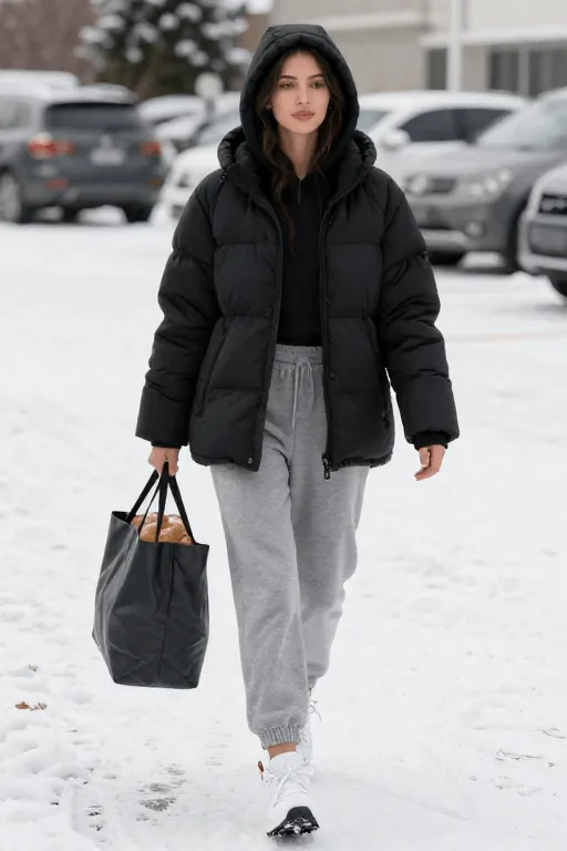Hooded Down Jacket with Lined Joggers and Snow Sneakers Winter Outfit Hooded Down Jacket with Lined Joggers and Snow Sneakers