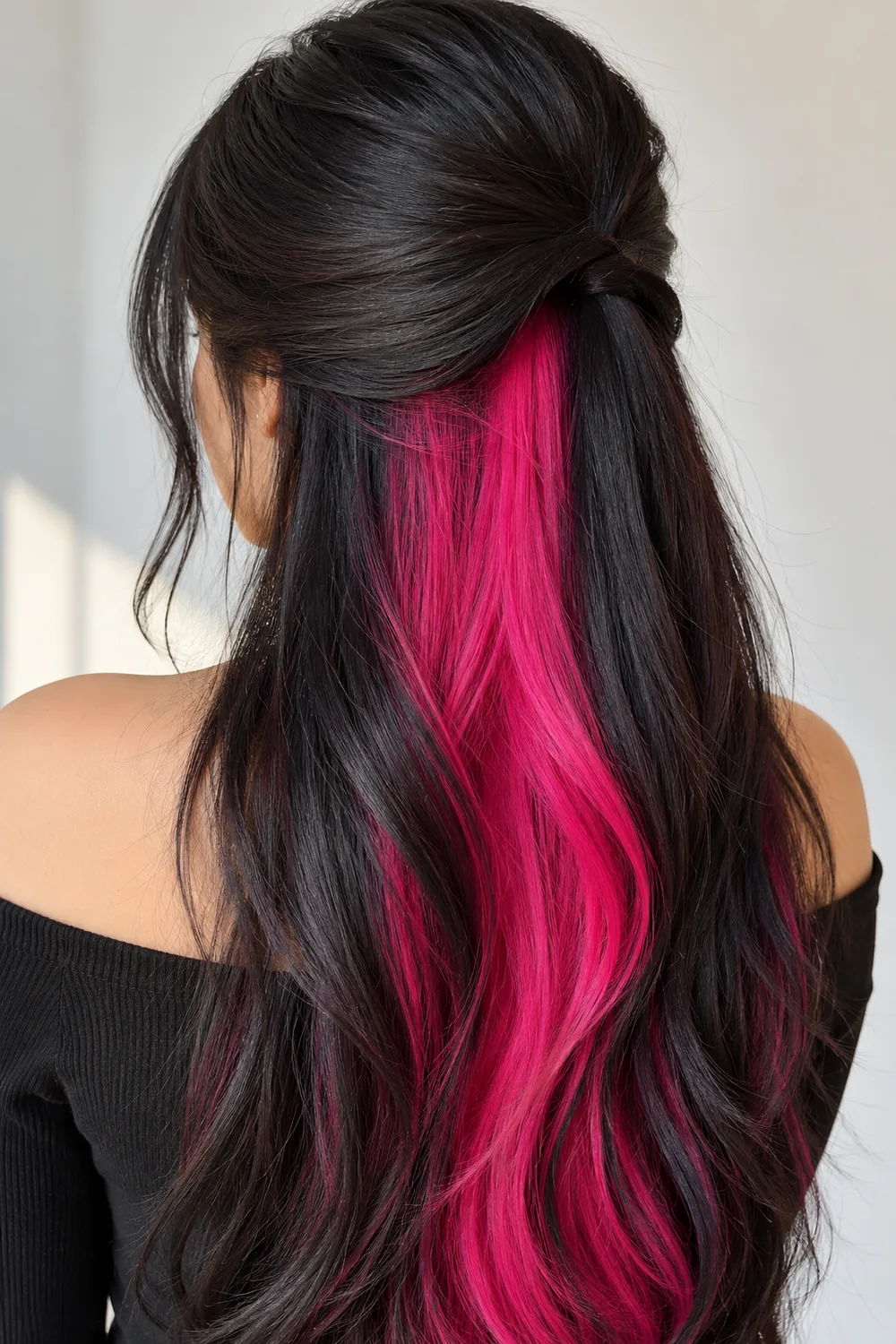 Hot pink peekaboo hair color under black hair in a half-up style