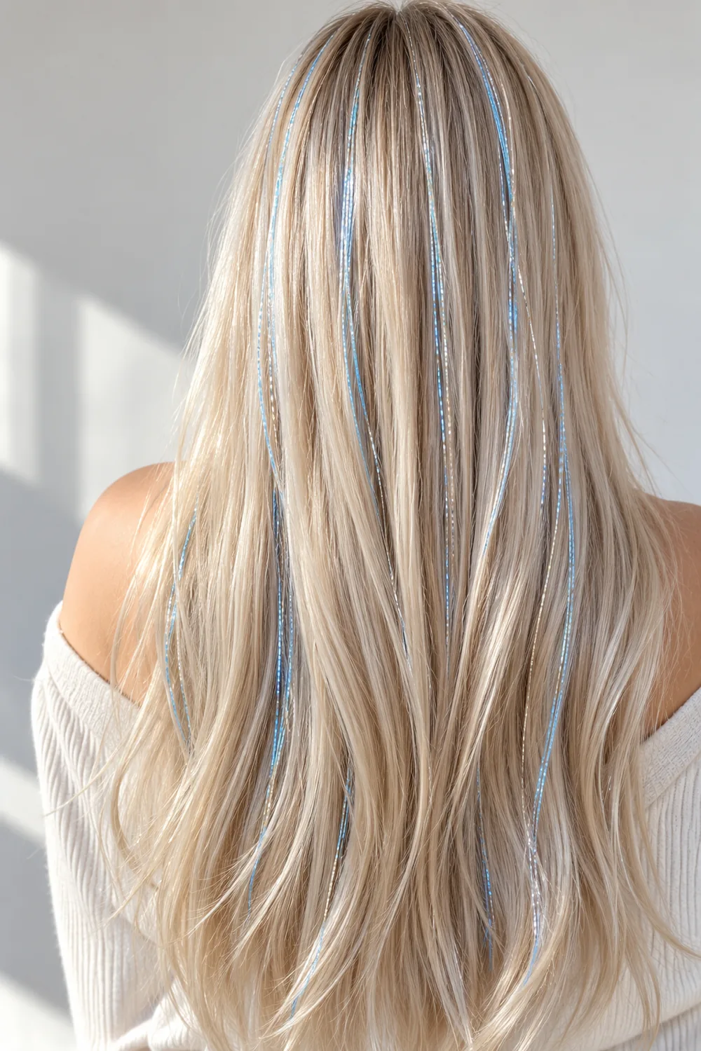 Icy blue hair tinsel on platinum blonde hair for winter