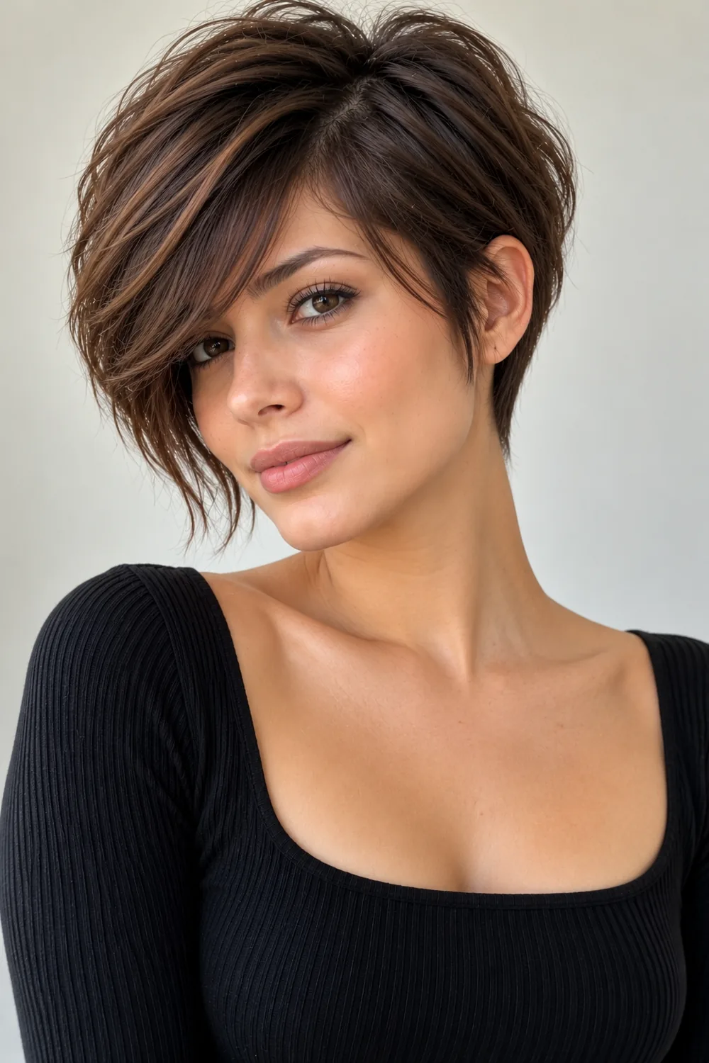 Long pixie cut with a swept fringe for a big forehead