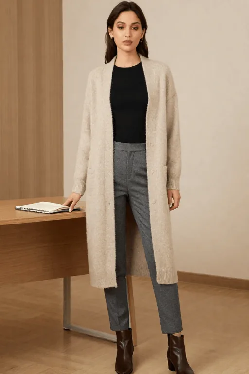 Longline Wool Cardigan with Tailored Pants and Ankle Boots Winter Work Outfit Longline Wool Cardigan with Tailored Pants and Ankle Boots