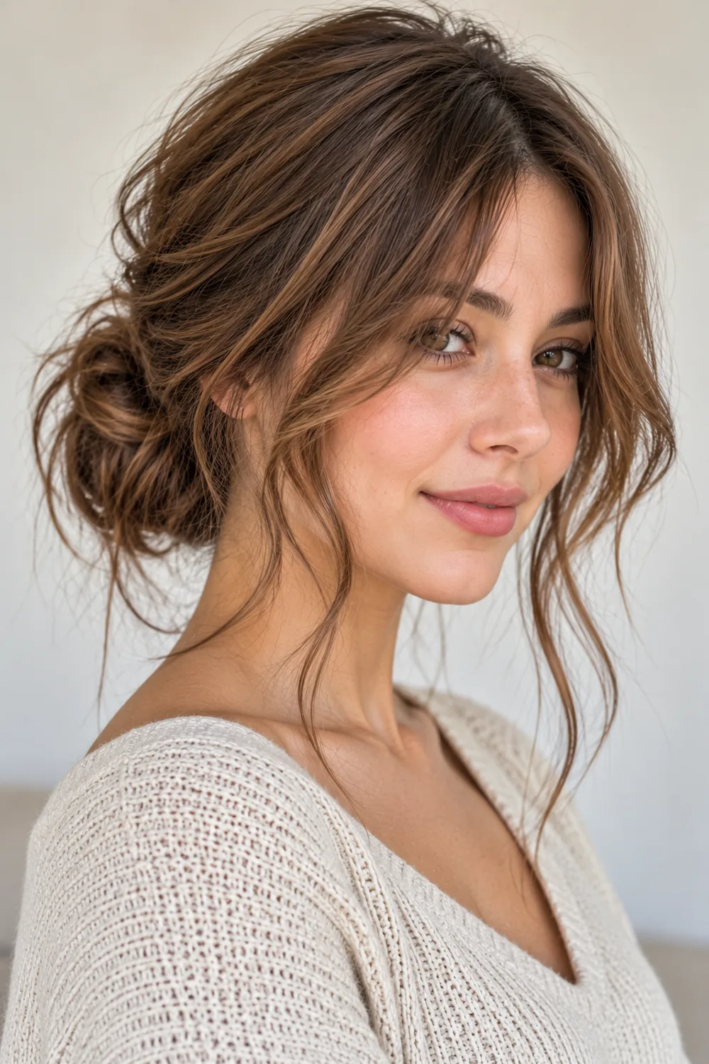 Low messy bun with loose front pieces for a high forehead