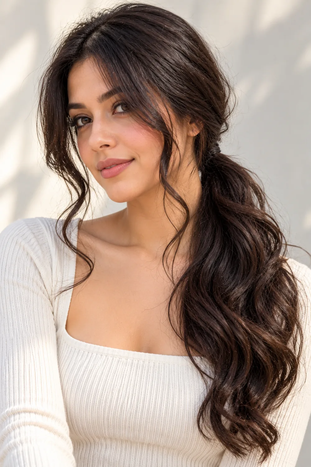 Low side ponytail with face-framing strands for a large forehead
