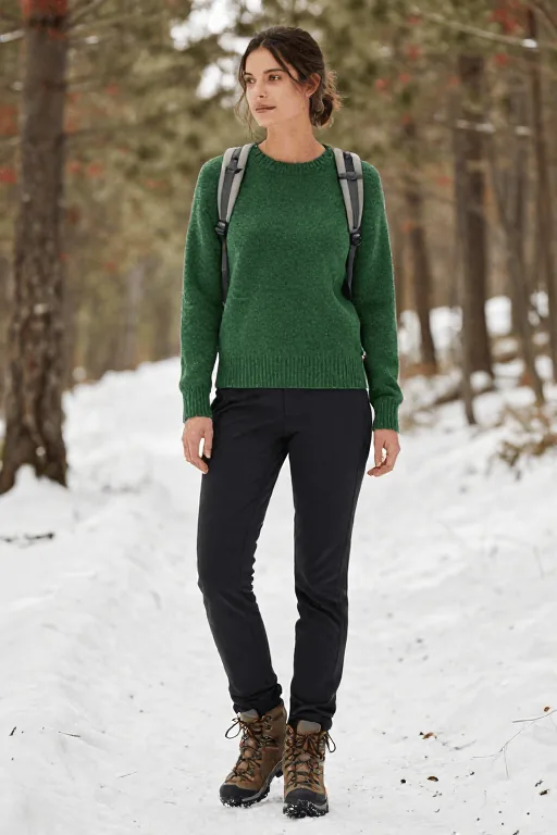 Merino Sweater with Softshell Pants and Hiking Boots Winter Hike Outfit Merino Sweater, Softshell Pants and Hiking Boots