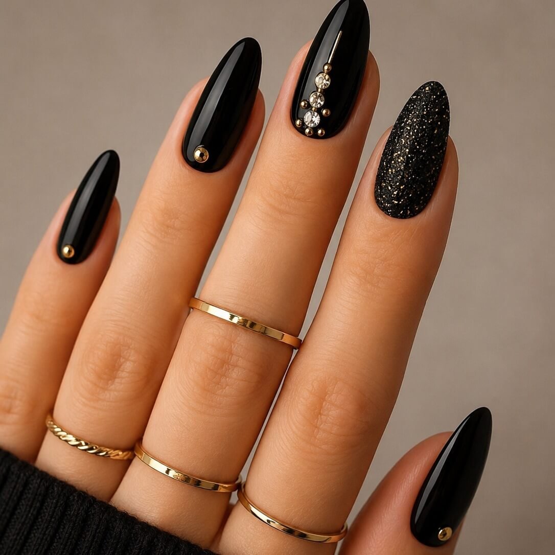nailsar Glossy Black Almond Nails With Gold Studs Glossy Black Almond Nails With Gold Studs