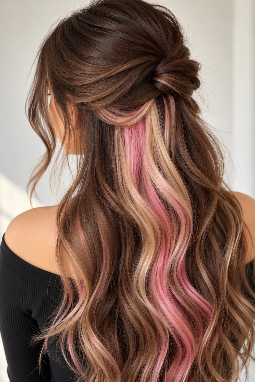 Neapolitan peekaboo hair with brown, blonde, and pink layers