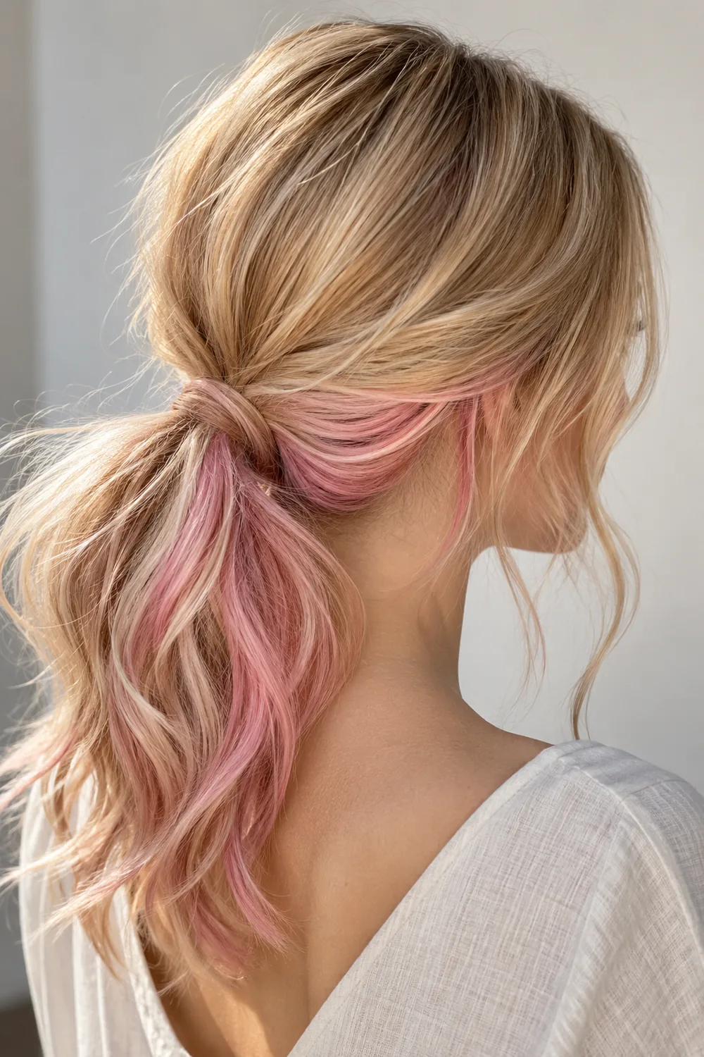 Pastel pink peekaboo hair under light blonde hair