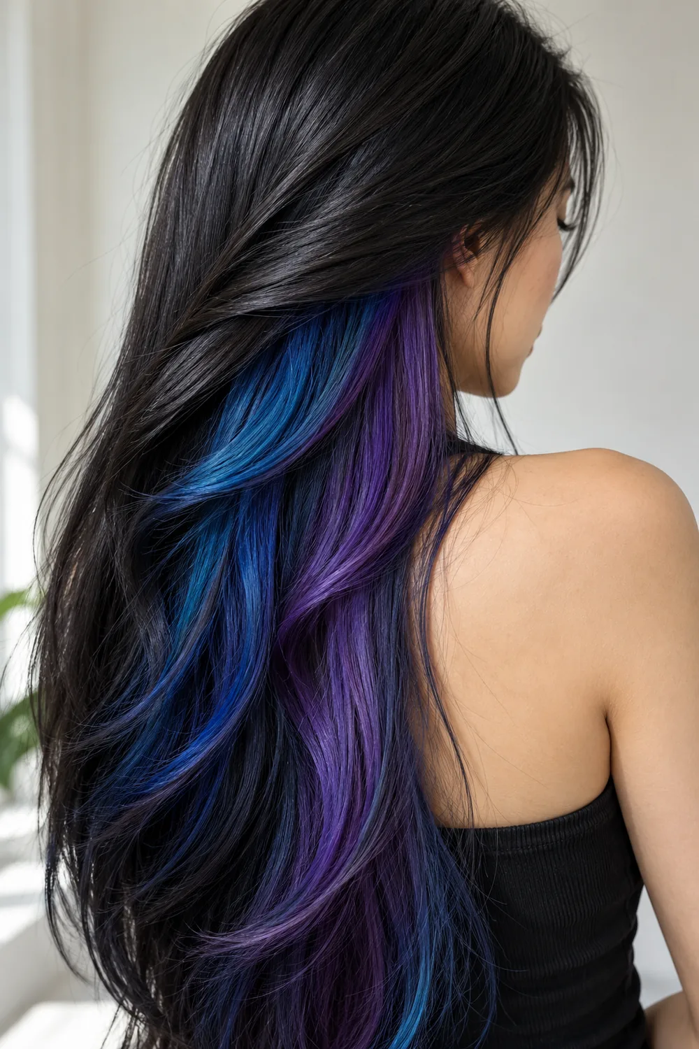 Peekaboo hair color with blue and purple hidden under a sleek black top layer