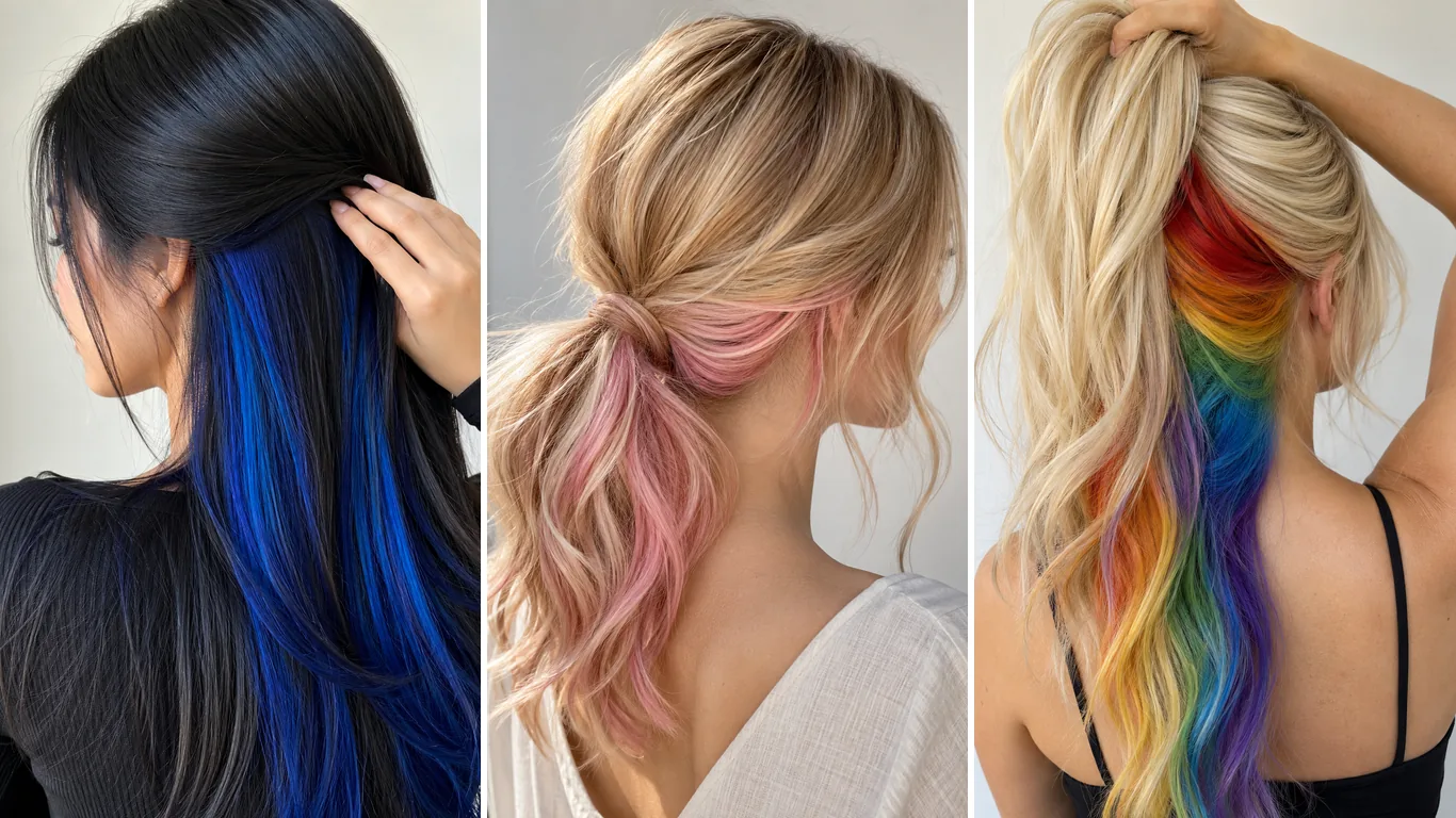 Three peekaboo hair color ideas: electric blue under black hair, pastel pink under blonde hair, and a rainbow peekaboo