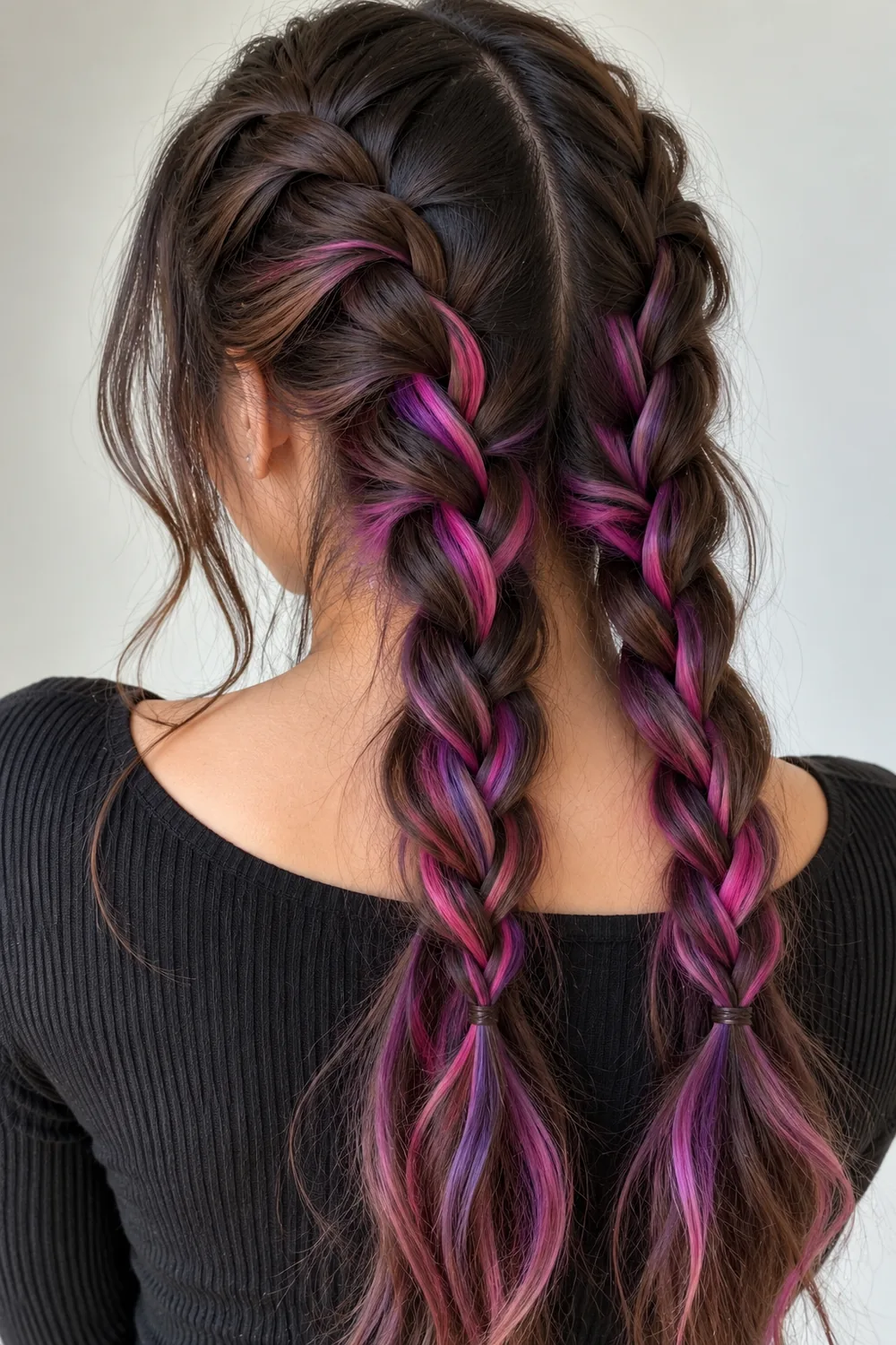 Pink and purple peekaboo hair shown in two braids