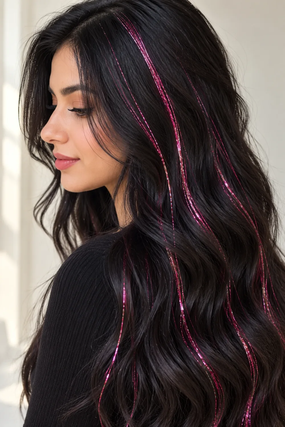 Bright pink tinsel strands in long dark hair