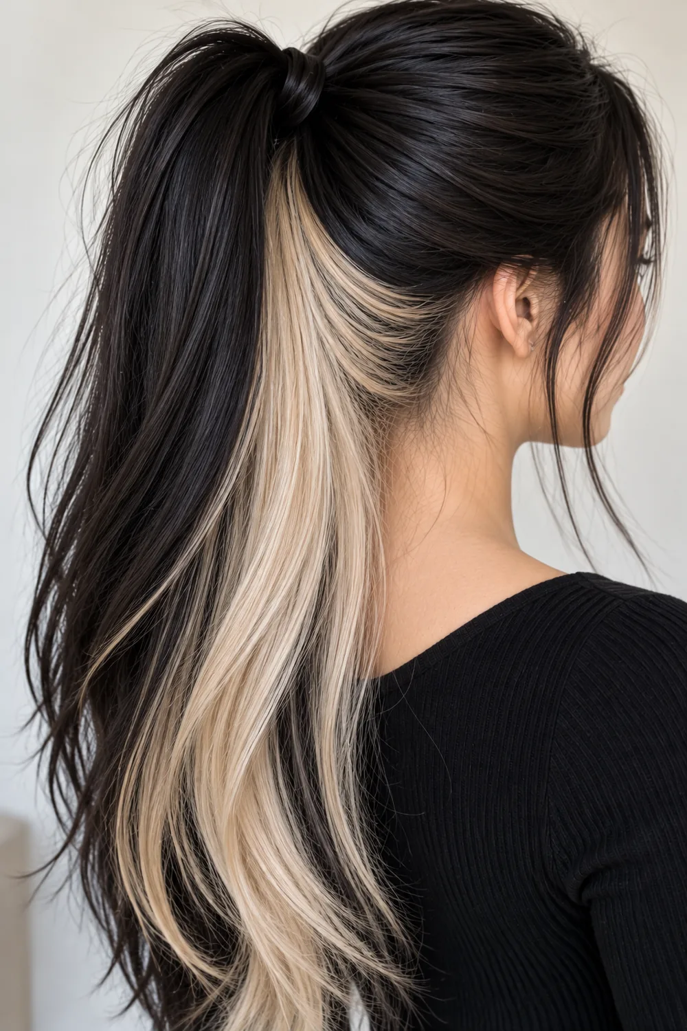 Platinum blonde peekaboo hair under black hair