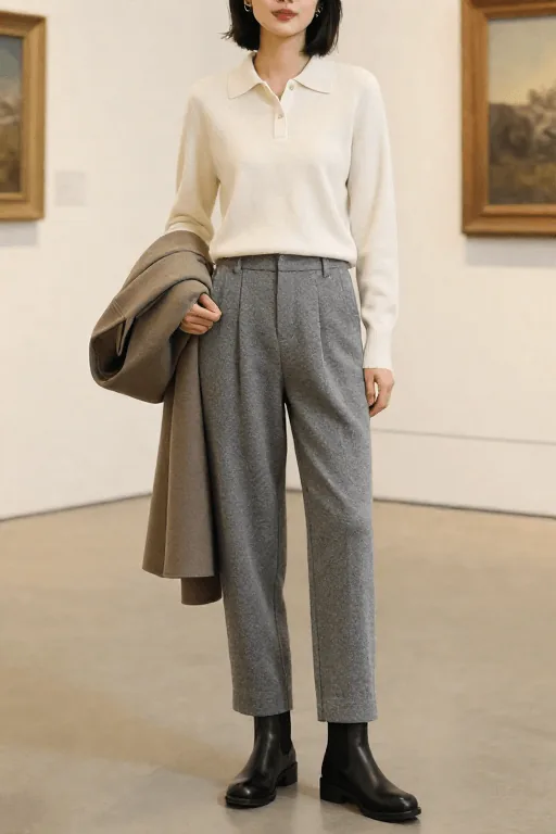 Pleated Wool Pants with a Fine Knit Polo and Chelsea Boots Winter Outfit Pleated Wool Pants with a Fine Knit Polo and Chelsea Boots