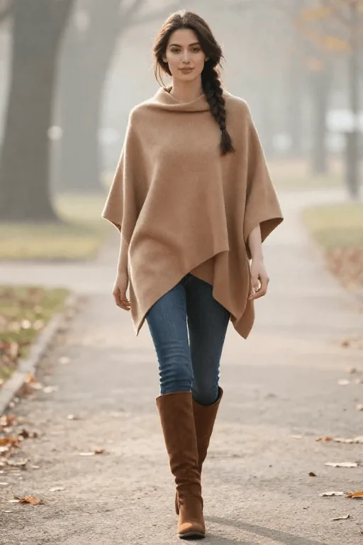 Poncho Wrap with Skinny Jeans and Tall Boots Winter Outfit Poncho Wrap with Skinny Jeans and Tall Boots