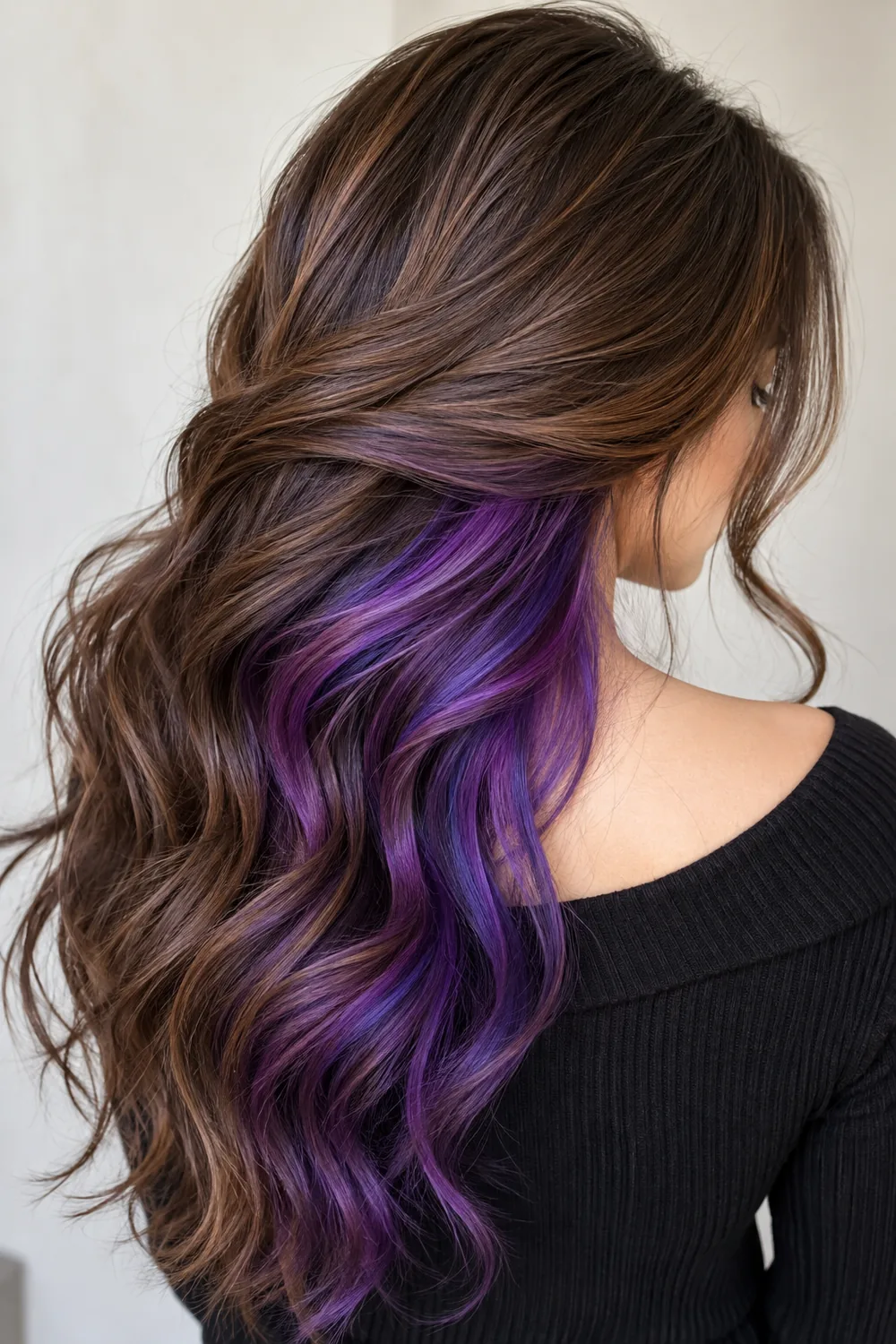 Purple peekaboo highlights on medium brown hair