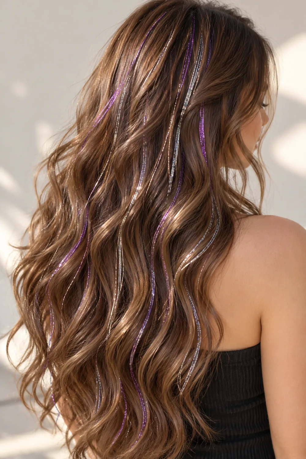 Purple hair tinsel in brown wavy hair