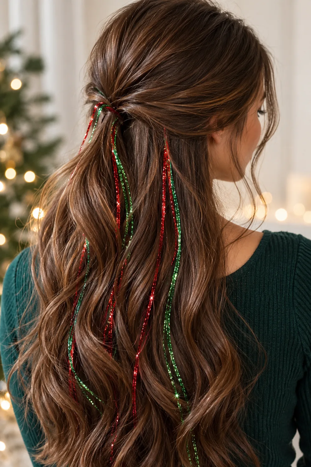 Red and green hair tinsel for a Christmas party look