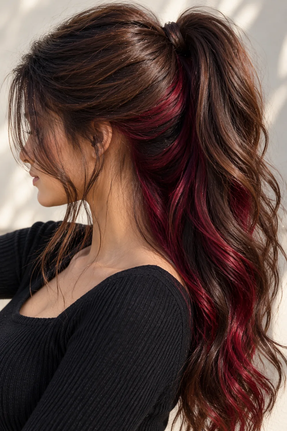 Cherry red peekaboo hair color under brown hair