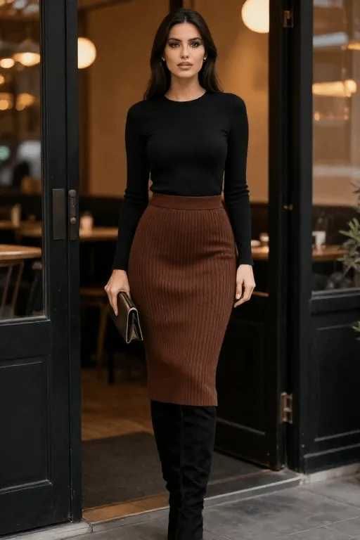Rib Knit Midi Skirt with Over the Knee Boots Winter Dinner Outfit Rib Knit Midi Skirt with a Fitted Long Sleeve Top and Over the Knee Boots