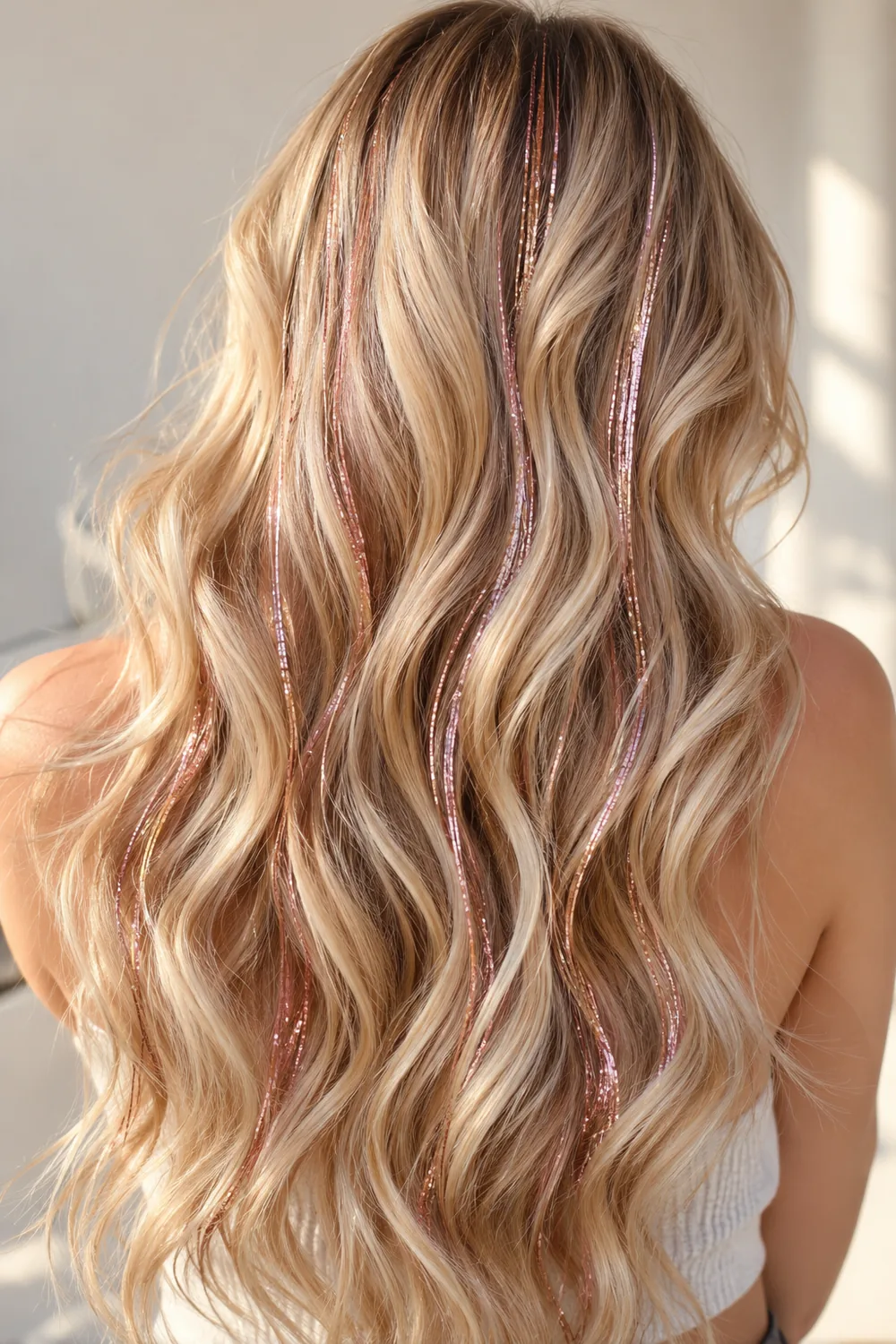 Rose gold tinsel strands in light blonde hair