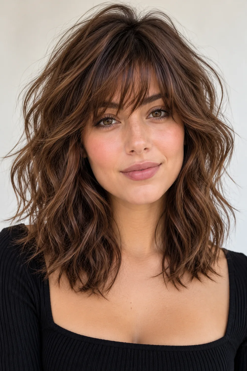 Shag haircut with choppy bangs on a woman with a high forehead