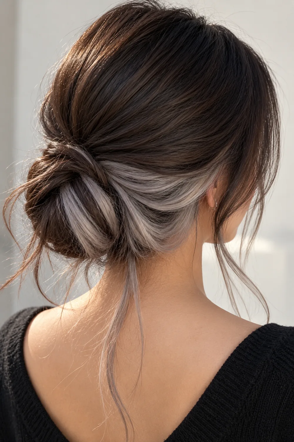Icy silver peekaboo hair under dark brown hair