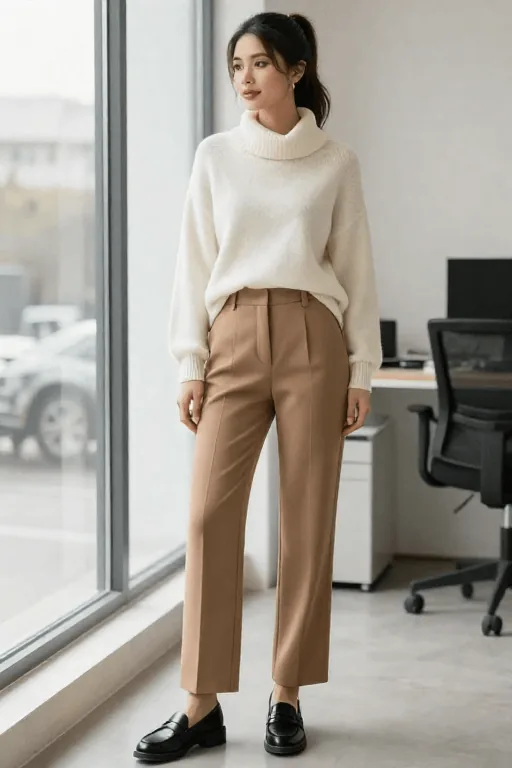 Straight Leg Trousers with a Cowl Neck Sweater and Lug Sole Loafers Winter Work Outfit Straight Leg Trousers with a Cowl Neck Sweater and Lug Sole Loafers