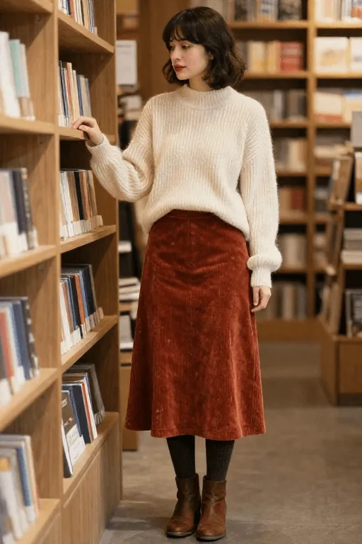 Thick Rib Sweater with a Corduroy Midi Skirt and Wool Tights Winter Outfit Thick Rib Sweater with a Corduroy Midi Skirt and Wool Tights