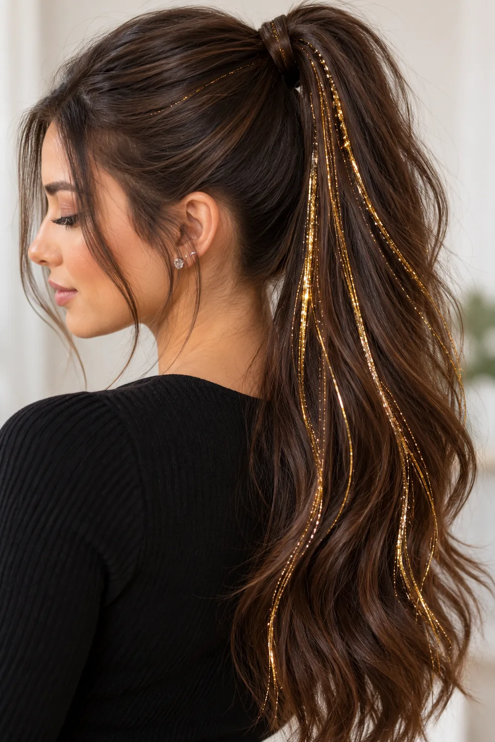 High ponytail with gold tinsel strands catching the light