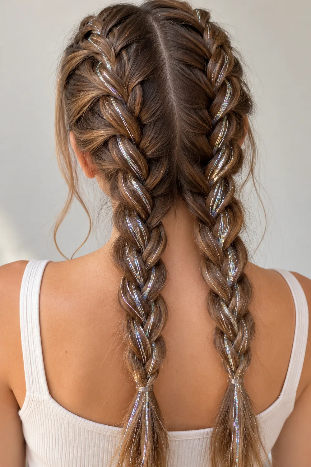 Two Dutch braids with silver hair tinsel woven through
