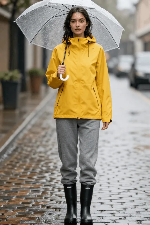 Waterproof Shell with Fleece Joggers and Rain Boots Cold Rain Outfit Waterproof Shell with Fleece Joggers and Rain Boots
