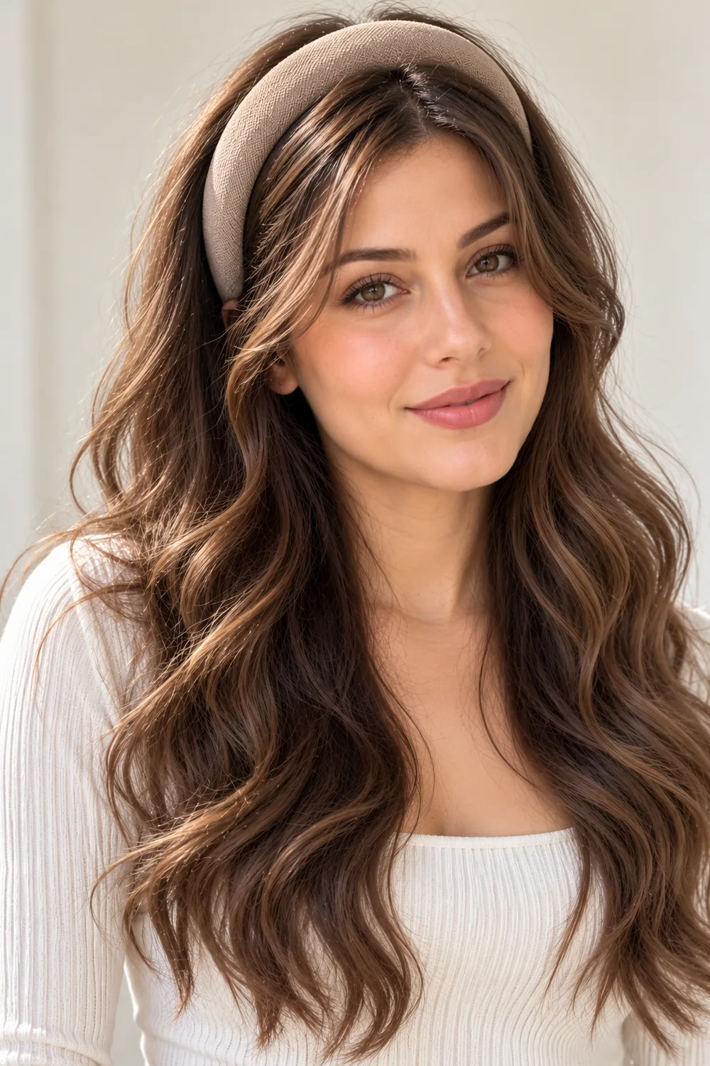 Wide headband hairstyle that covers part of the forehead