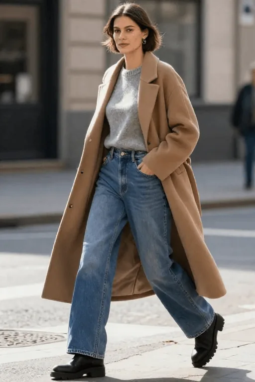 Wide Leg Jeans over Thermal Leggings with a Long Wool Coat Wide Leg Jeans over Thermal Leggings with a Long Wool Coat