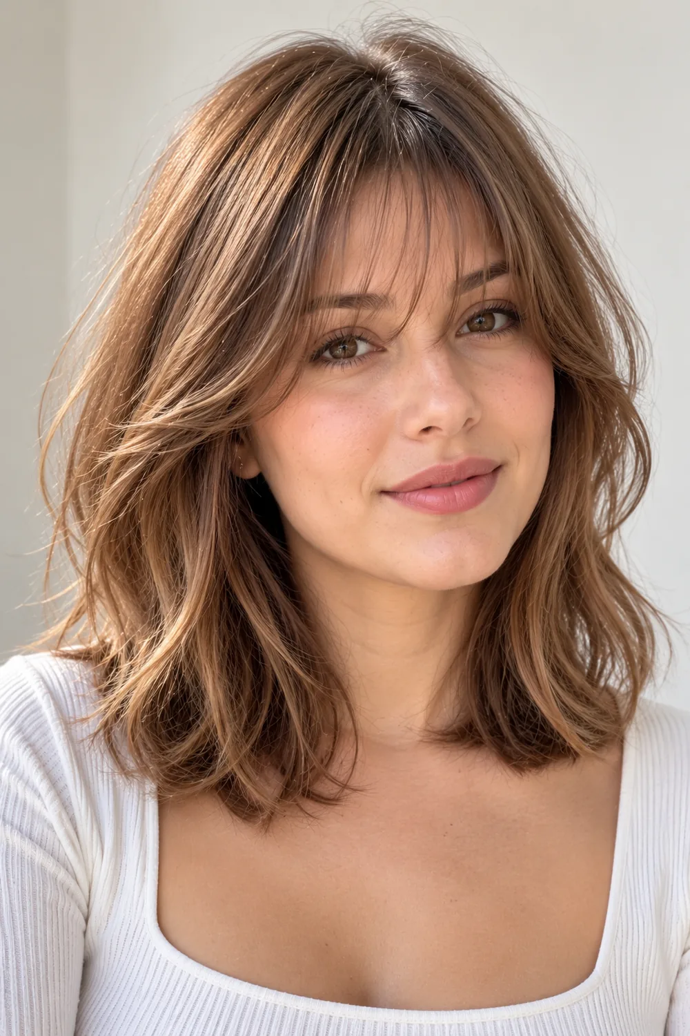 Wispy bangs on a shoulder-length haircut for a large forehead