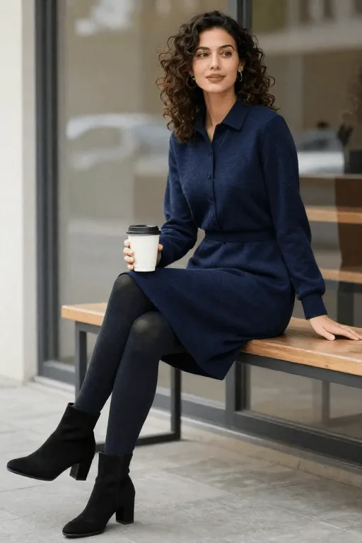 Wool Blend Shirt Dress with Thermal Tights and Block Heel Boots Winter Work Outfit Wool Blend Shirt Dress with Thermal Tights and Block Heel Boots