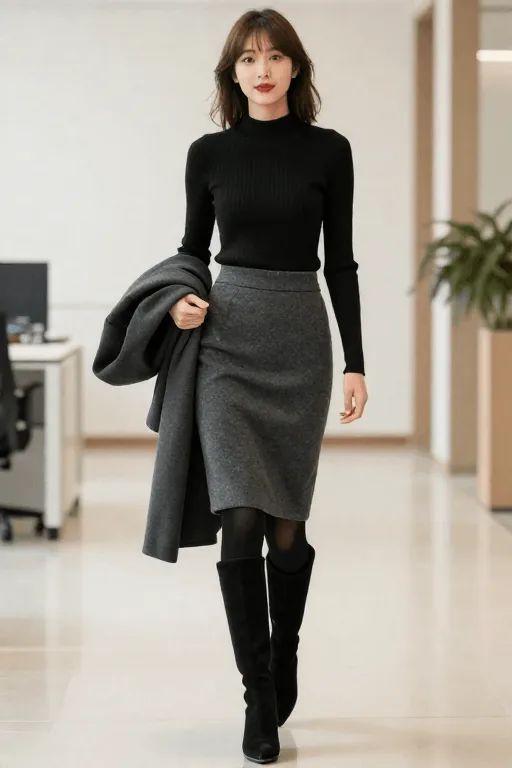 Wool Pencil Skirt with Fleece Tights and Knee High Boots Winter Work Outfit Wool Pencil Skirt with Fleece Tights and Knee High Boots